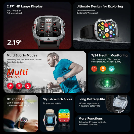 2026 New Military Smart Watch Men Waterproof Outdoor Sports Fitness Tracker Health Monitor 2.19" BT Call Smartwatch