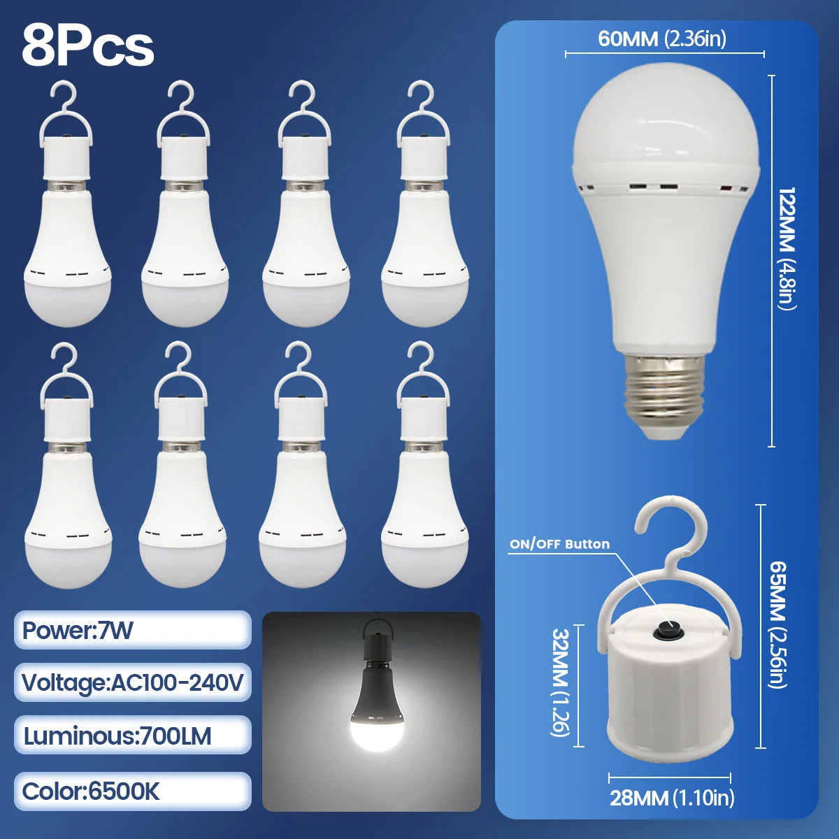 LED Rechargeable Bulb Light E27 7W 1500mAh Emergency Bulb 220V 110V for Home Power Outdoor Camping Failure Porch Garden Lamp