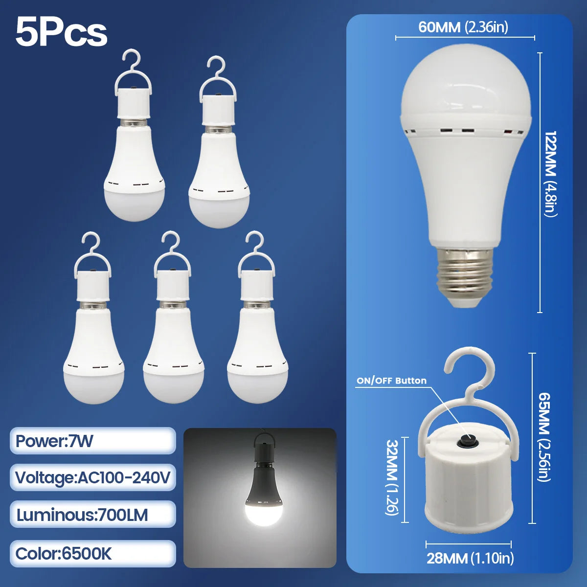LED Rechargeable Bulb Light E27 7W 1500mAh Emergency Bulb 220V 110V for Home Power Outdoor Camping Failure Porch Garden Lamp