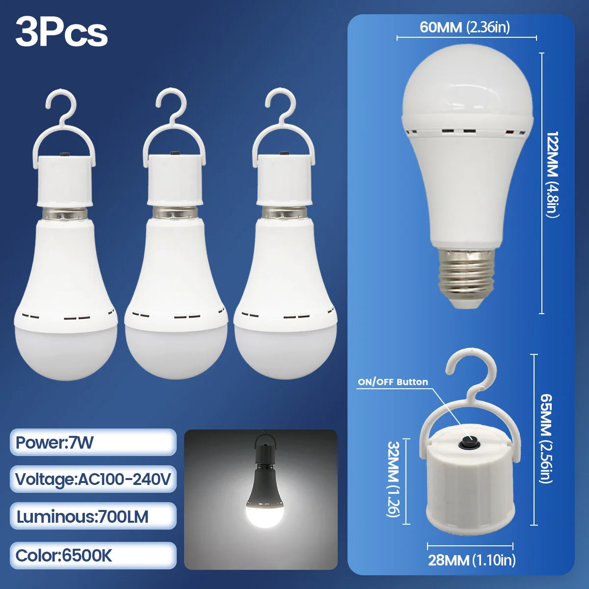LED Rechargeable Bulb Light E27 7W 1500mAh Emergency Bulb 220V 110V for Home Power Outdoor Camping Failure Porch Garden Lamp