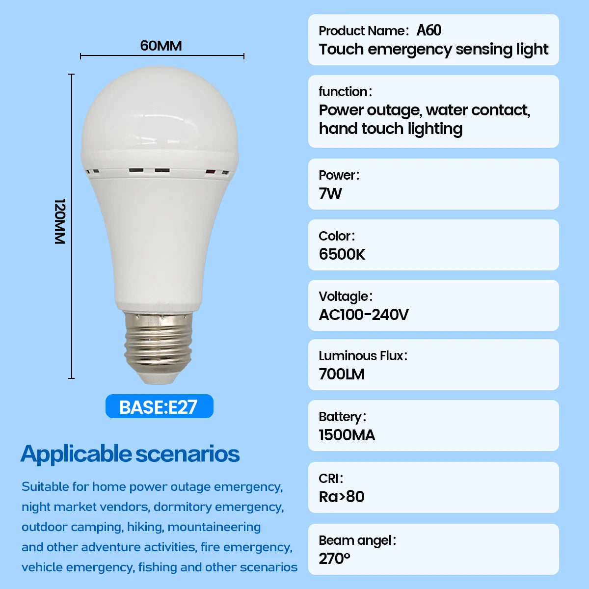 LED Rechargeable Bulb Light E27 7W 1500mAh Emergency Bulb 220V 110V for Home Power Outdoor Camping Failure Porch Garden Lamp