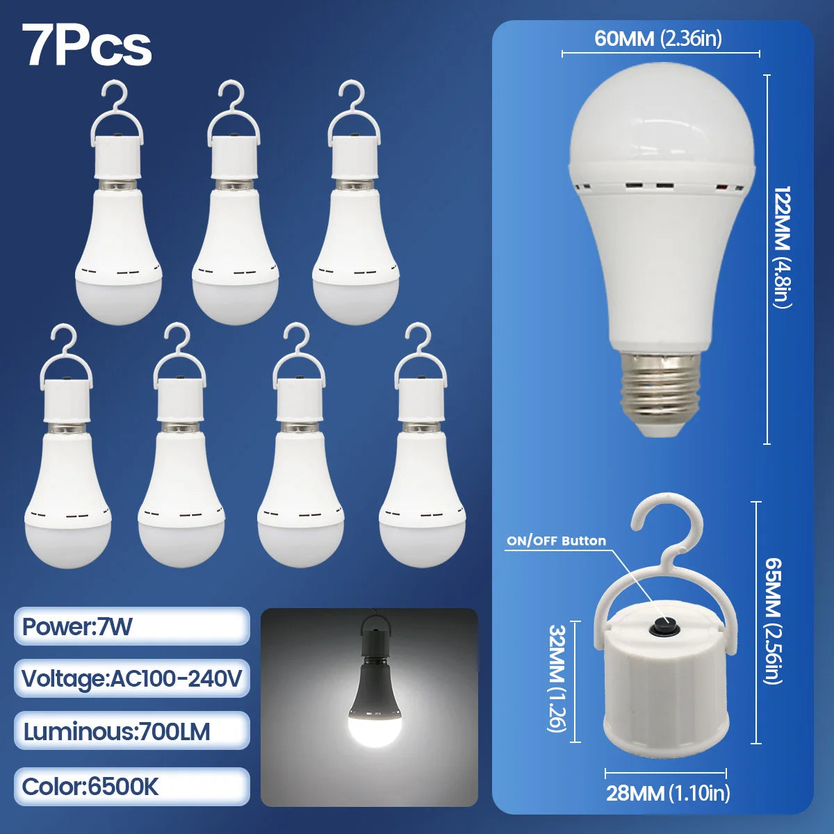 LED Rechargeable Bulb Light E27 7W 1500mAh Emergency Bulb 220V 110V for Home Power Outdoor Camping Failure Porch Garden Lamp
